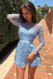 jewel appliques long sleeves short prom dresses blue homecoming dresses