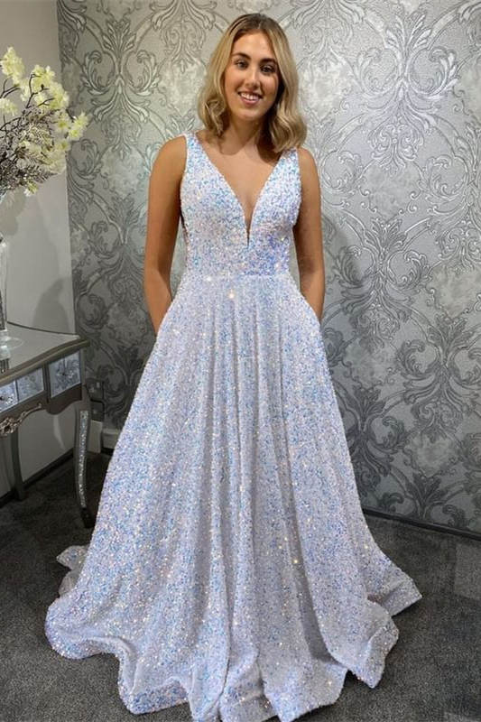 a line glitter v neck long prom dress sparkly graduation gown with pockets
