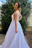 a line glitter v neck long prom dress sparkly graduation gown with pockets