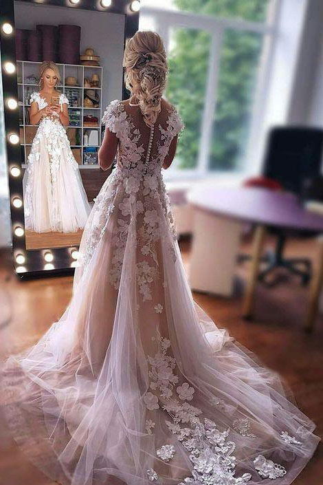 lace applique ivory beach floral wedding dresses cap sleeves bridal gown