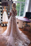 Lace Applique Ivory Beach Floral Wedding Dresses, Cap Sleeves Bridal Gown PW429