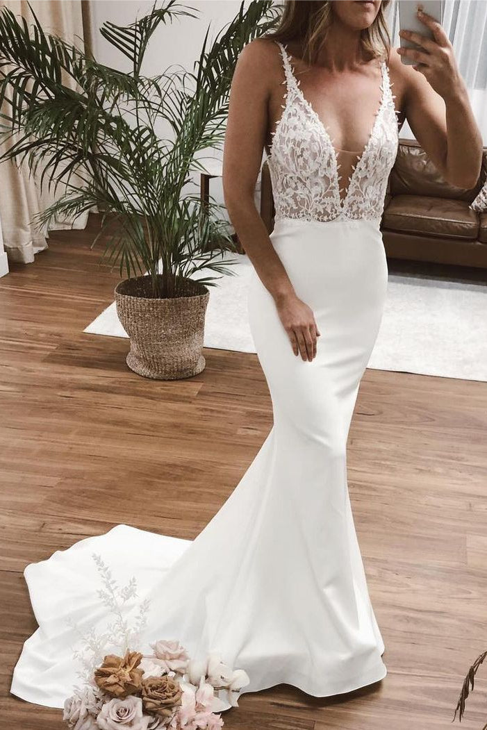 lace ivory sheath v neck sleeveless v back wedding dresses