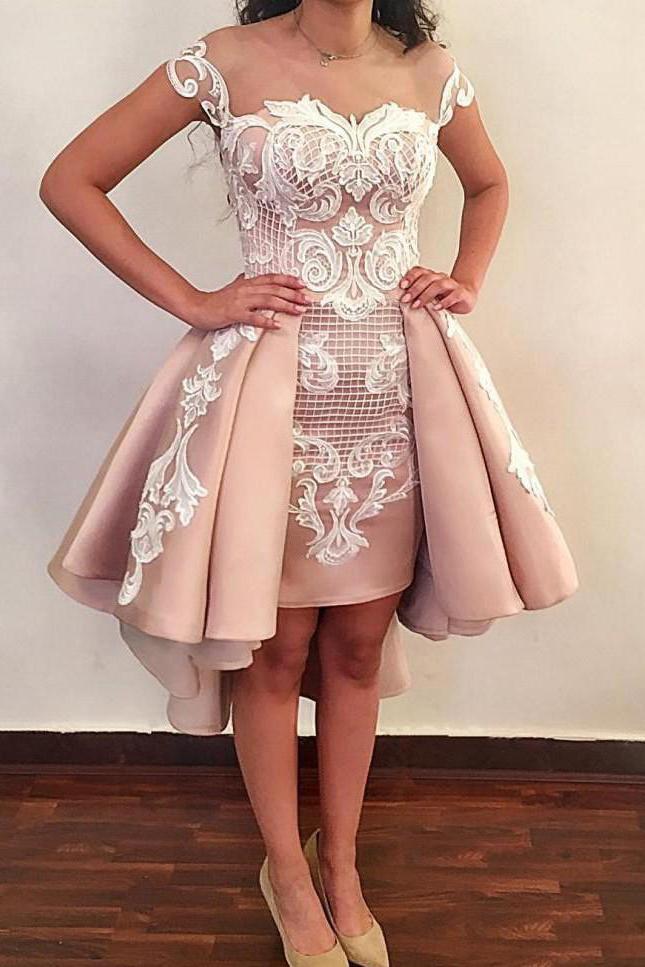 lace appliques nude overskirt hi lo homecoming party dresses