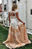 lace appliques two piece prom dresses long keyhole graduation dresses