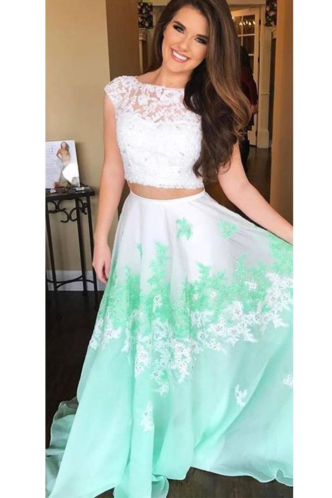 lace appliques two piece prom dresses long keyhole graduation dresses
