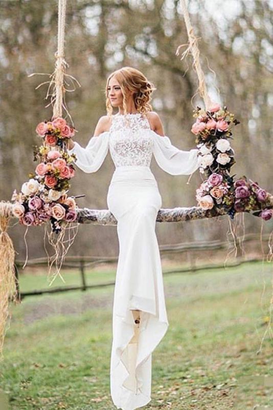 lace beach wedding dress drop long sleeves chiffon mermaid bridal gowns