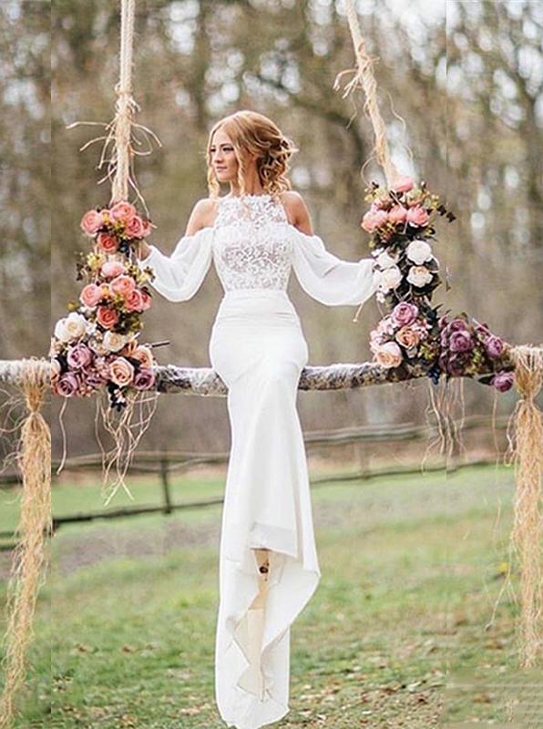 lace beach wedding dress drop long sleeves chiffon mermaid bridal gowns