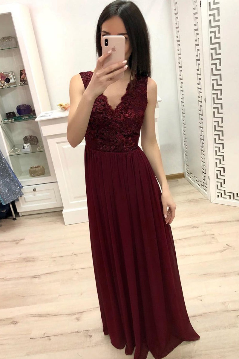 lace chiffon v neck long prom dress burgundy bridesmaid dress