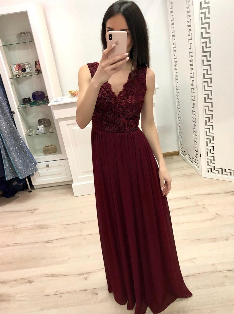 lace chiffon v neck long prom dress burgundy bridesmaid dress