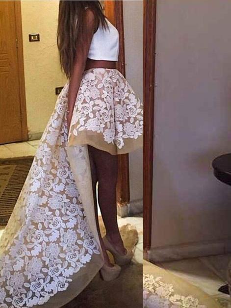 homecoming dress two piece high low prom dress with applique