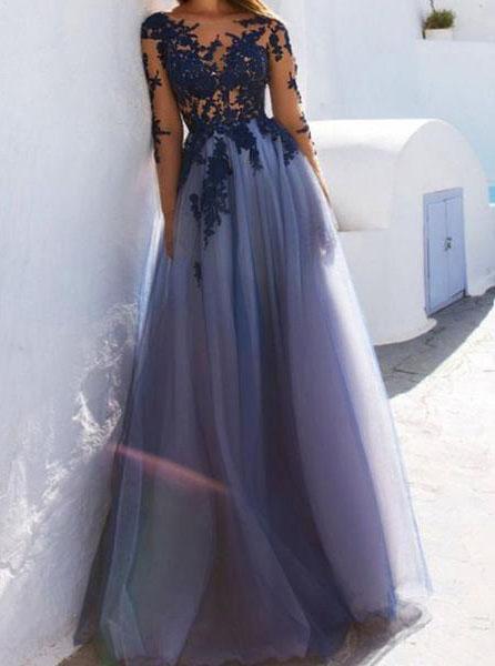 long sleeves see through open back tulle long prom dress with lace applique