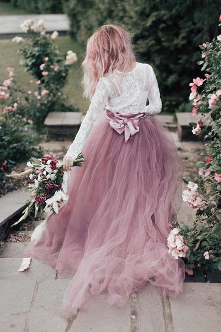 lace long sleeves tulle modest wedding dress a line with bowknot