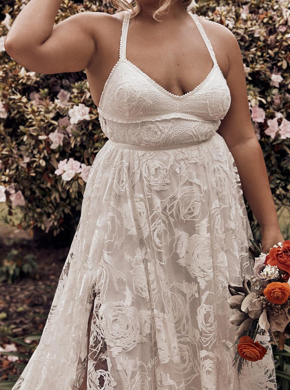 lace spaghetti straps cross back plus size backless beach wedding dress