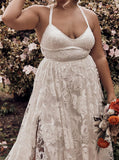 lace spaghetti straps cross back plus size backless beach wedding dress