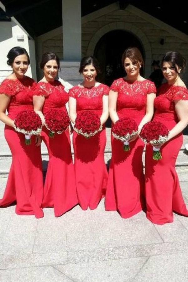 lace red mermaid satin long bridesmaid dresses with cap sleeves