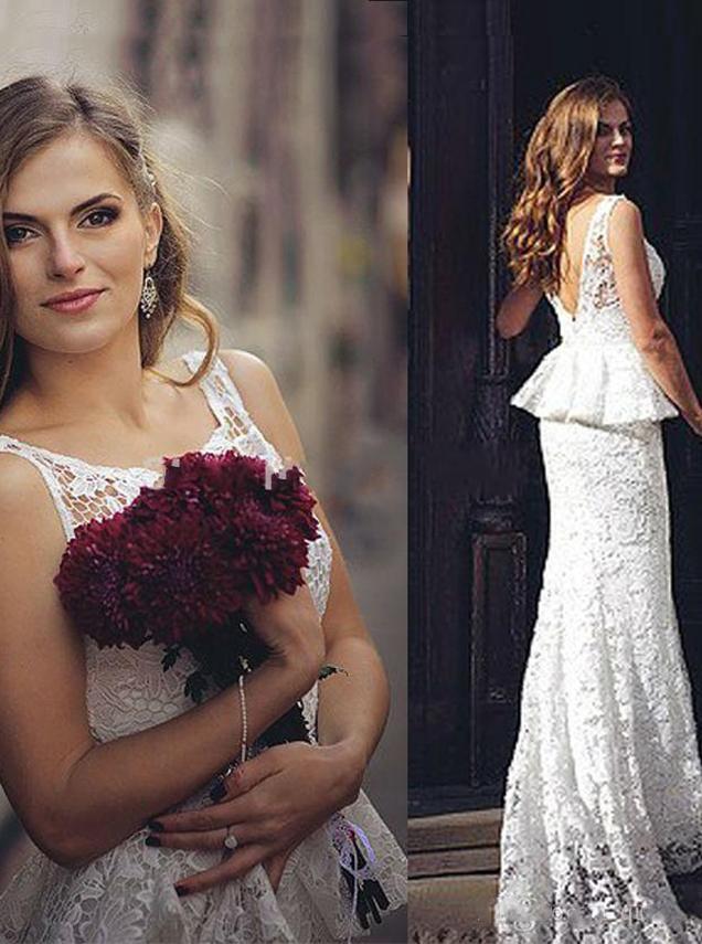 romantic sheath open back peplum lace wedding dress