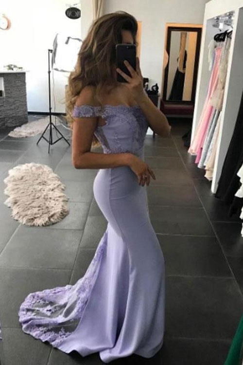 lavender off the shoulder lace satin mermaid prom dresses