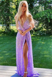 lavender sequin long prom dresses sparkly split evening gown
