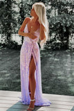 lavender sequin long prom dresses sparkly split evening gown