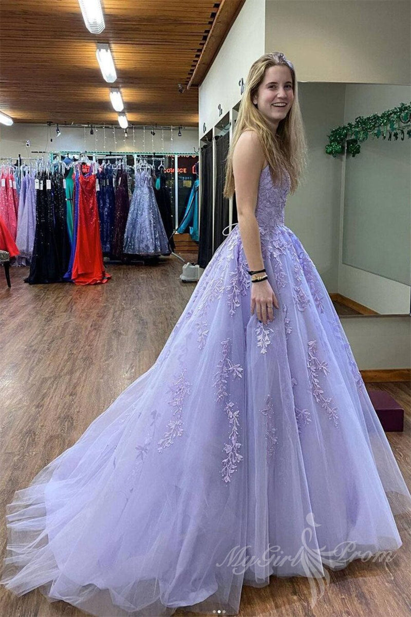 lavender tulle lace appliques long prom dress stunning long graduation dress
