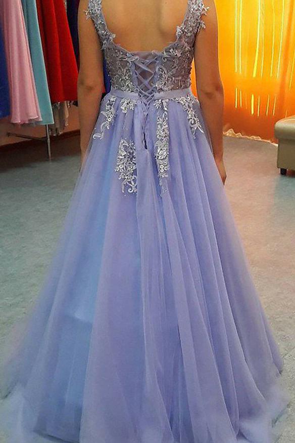 lavender tulle long prom dress v neck appliqued formal gown