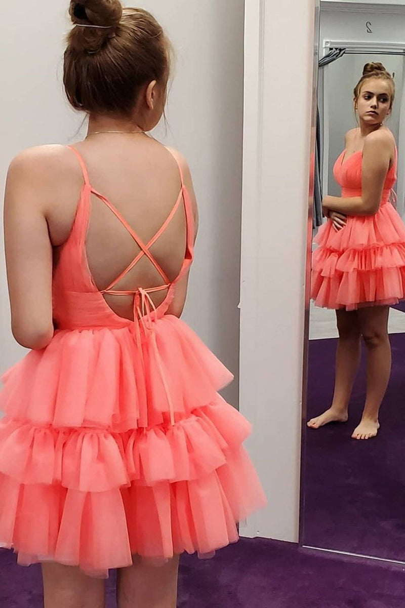 charming layered coral short prom dress v neck tulle homecoming dresses