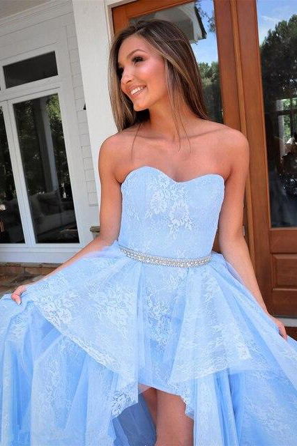 light blue lace high low prom dress sweetheart sweet 16 dress