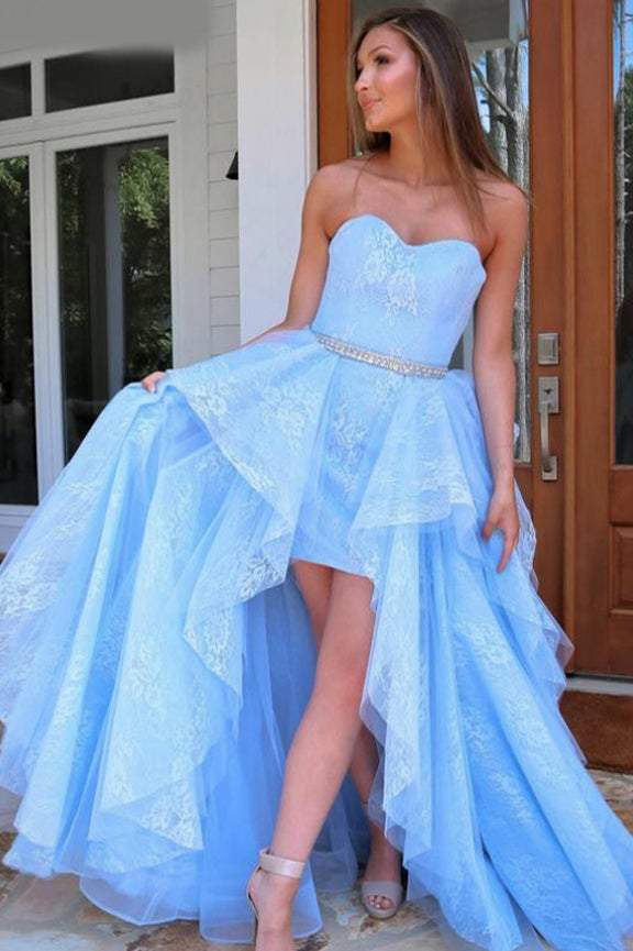 light blue lace high low prom dress sweetheart sweet 16 dress