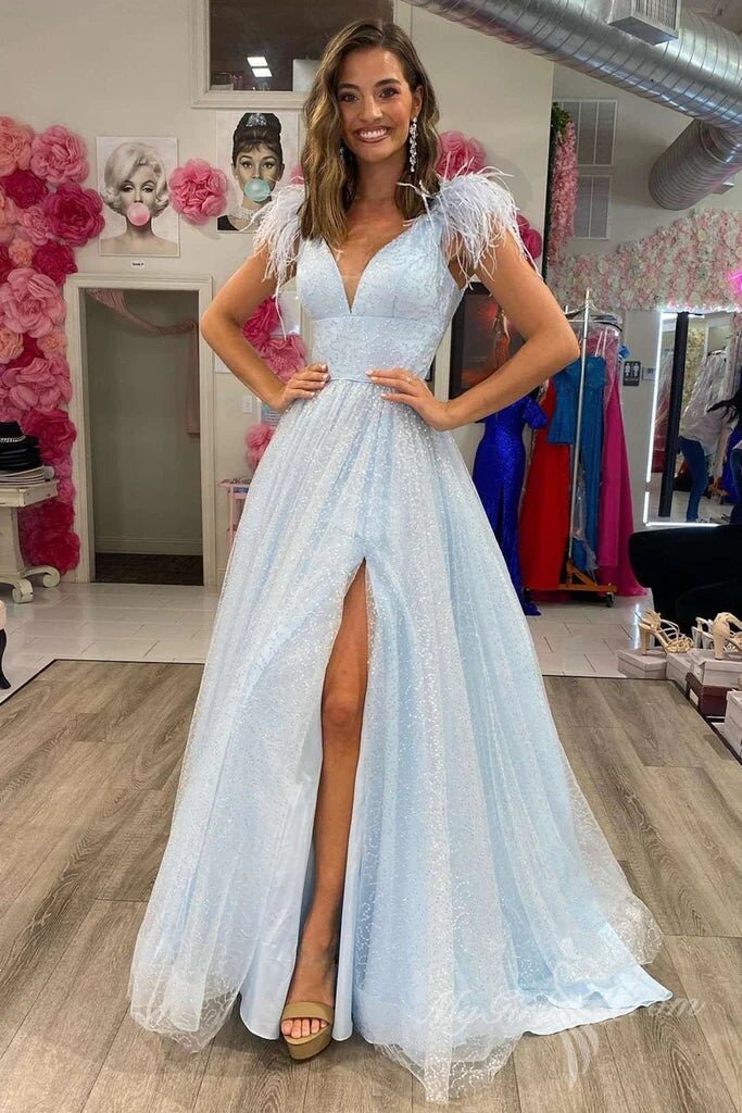 light blue long prom dresses with feathers high slit v neck graduation dress