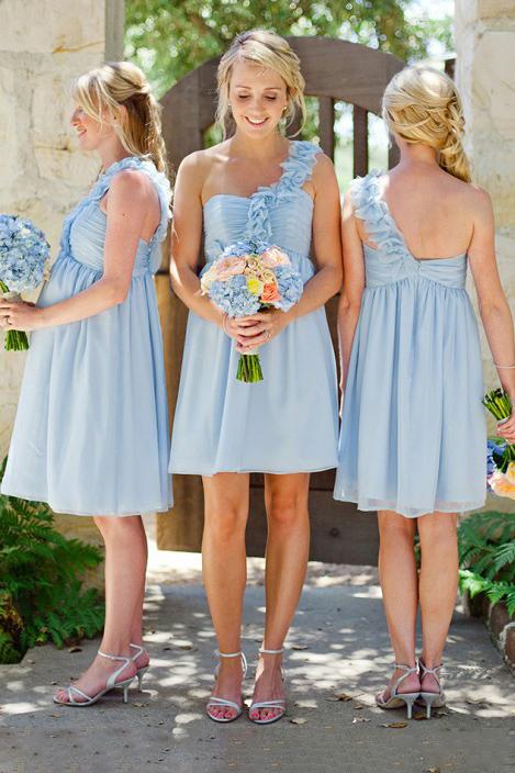 light blue ruffles one shoulder chiffon short beach bridesmaid dress