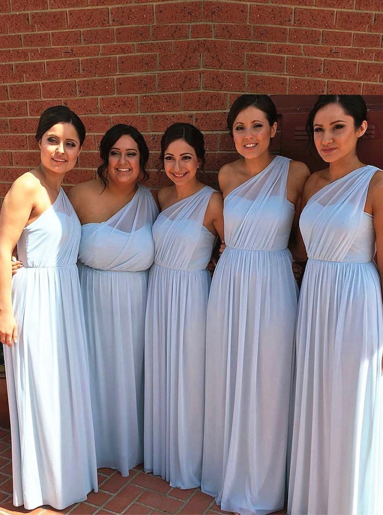 light blue chiffon one shoulder long bridesmaid dresses