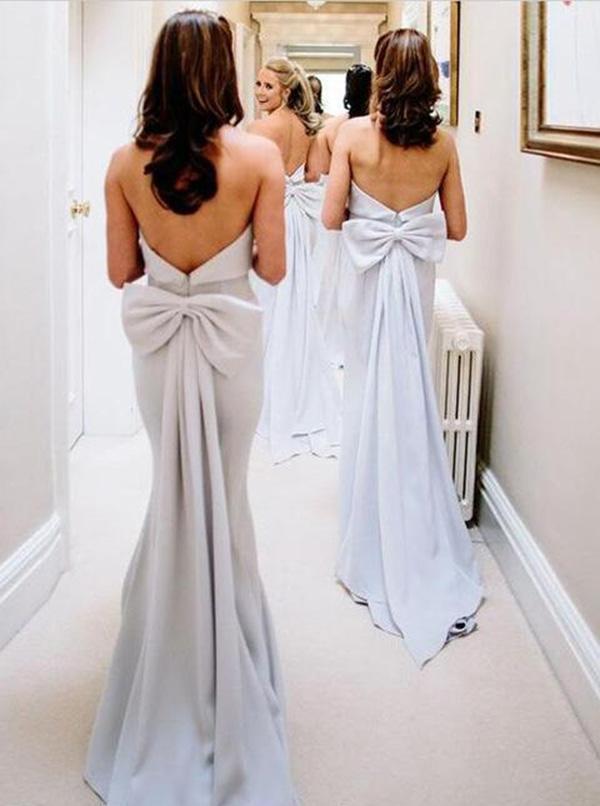 light blue strapless mermaid backless bowknot fishtail bridesmaid dresses