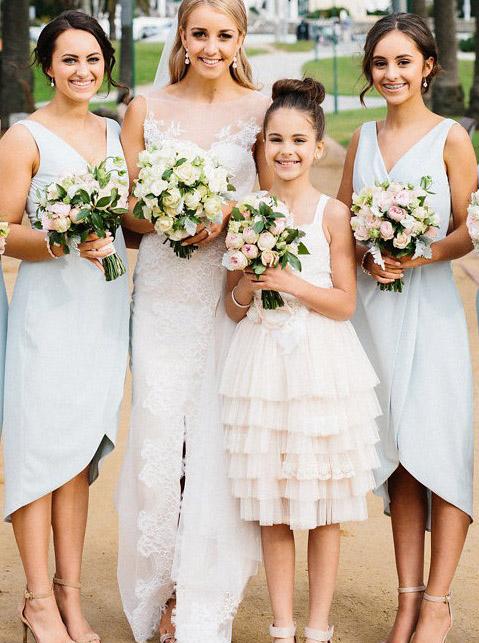 light blue v neck sheath asymmetry ruched short bridesmaid dresses