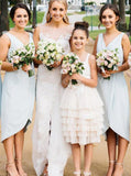 light blue v neck sheath asymmetry ruched short bridesmaid dresses