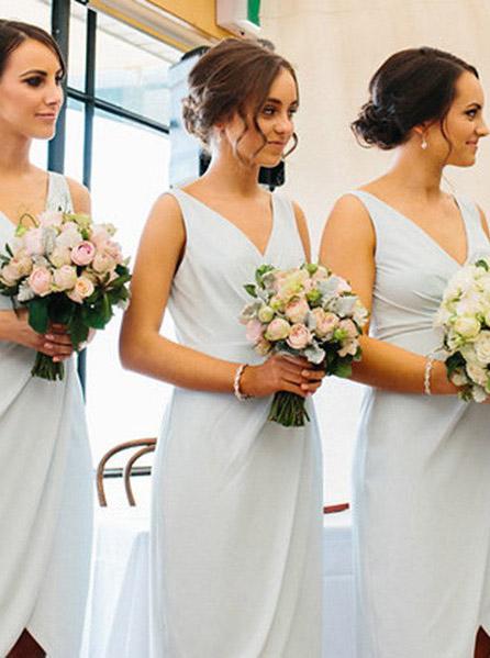 light blue v neck sheath asymmetry ruched short bridesmaid dresses