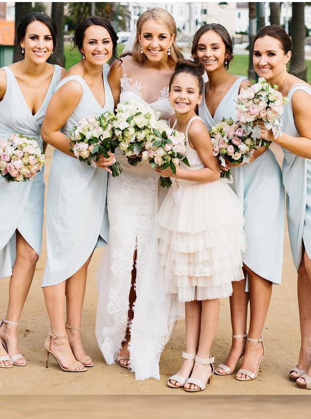 light blue v neck sheath asymmetry ruched short bridesmaid dresses