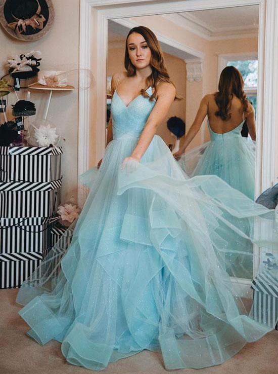 light blue backless prom gown spaghetti straps tulle tiered dance dress