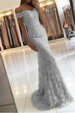 light grey mermaid off the shoulder lace prom dress with appliques
