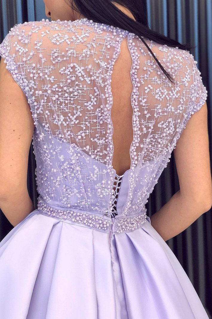 lilac a line beading long prom dress with cap sleeves