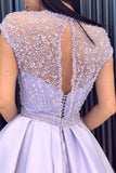 lilac a line beading long prom dress with cap sleeves