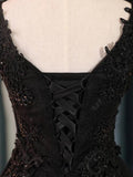 a line v neck little black homecoming dresses with lace up