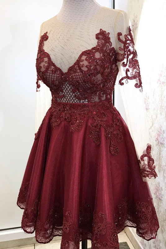 long sleeves sheer burgundy homecoming dresses lace applique short party dress