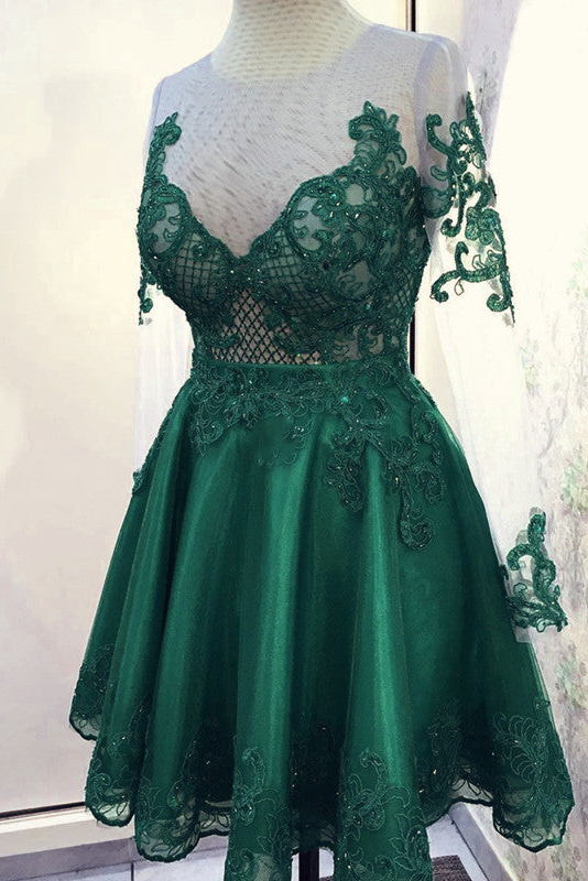 long sleeves sheer burgundy homecoming dresses lace applique short party dress
