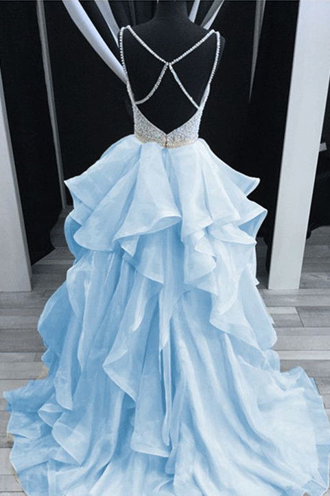 baby blue long prom dresses backless spaghetti formal dresses beading
