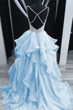 baby blue long prom dresses backless spaghetti formal dresses beading