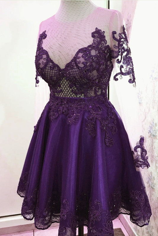 long sleeves sheer burgundy homecoming dresses lace applique short party dress