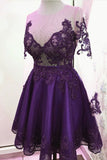 long sleeves sheer burgundy homecoming dresses lace applique short party dress