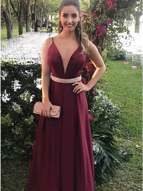 long burgundy prom dress a line spaghetti straps with waist beading