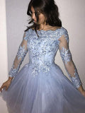 a line bateau long sleeves applique tulle short prom dress