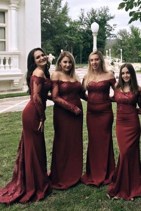 long sleeves burgundy mermaid bridesmaids dresses illusion off shoulder lace appliques